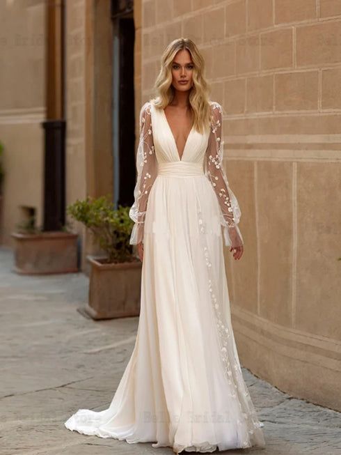 Sexy Wedding Dresses Deep V Neck Long Sleeves Bridal Gowns Backless Appliques A-Line Chiffon